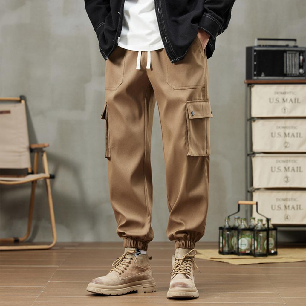 Men's Solid Color Overalls Loose Fitting Drawstring Pants Trendy Multi Pocket Casual Pants
