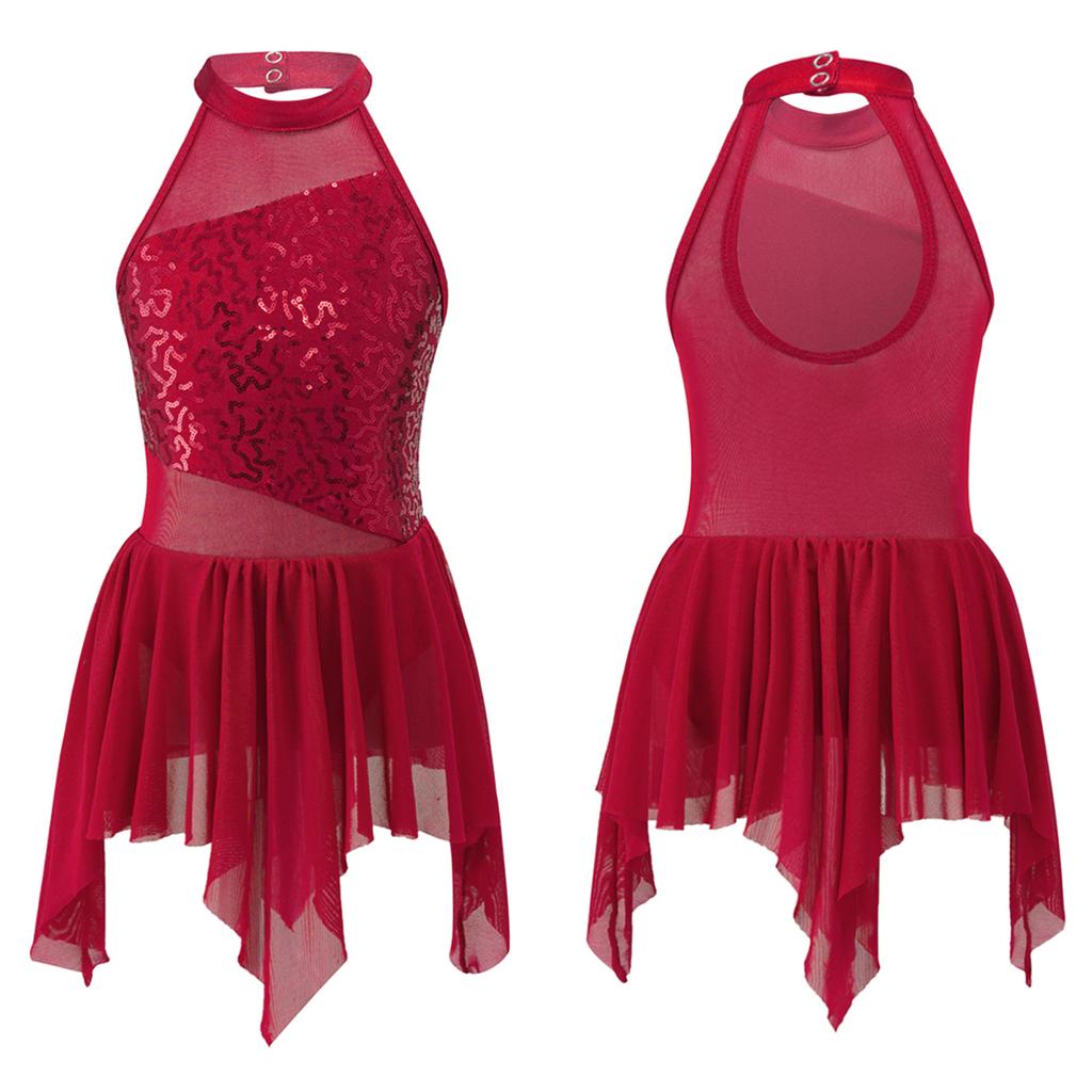 Платье-купальник без рукавов с вырезом сзади и блестками, современный лирический балет, джаз, латинский танец, юбка с неровным подолом