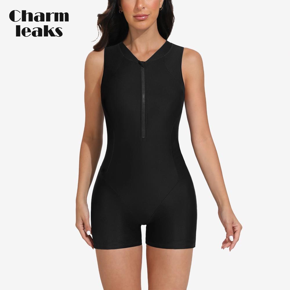CHARMLEAKS Athletic One Piece Swimsuits for Women Zipper Up Bathing Suits Modest Boyleg Swimwear