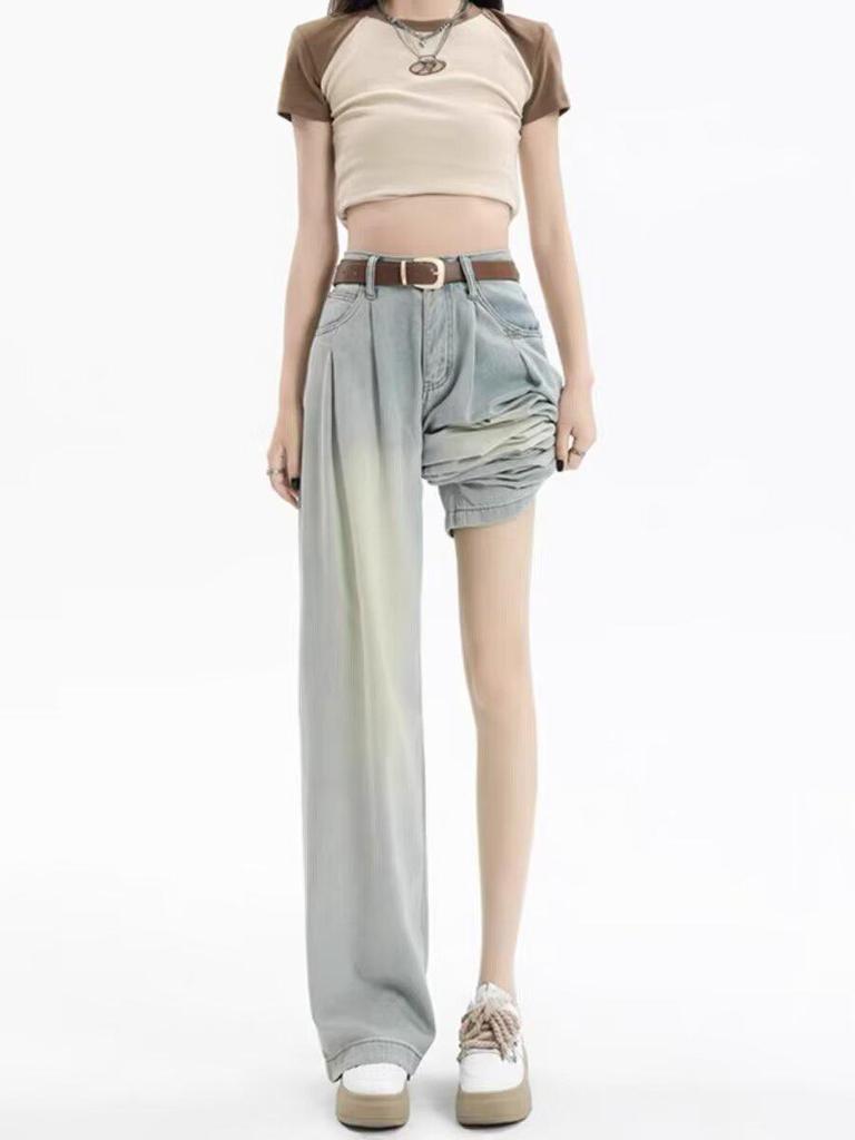Women's Spring & Summer High-Waisted Light Blue Washed Wide-Leg Jeans - Slimming Pleated Floor-Length Design