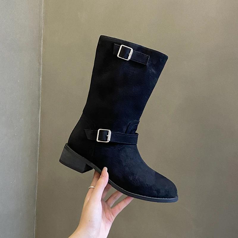 2024 Новые популярные зимние модные женские сапоги с круглым носком, высокие замшевые женские сапоги для повседневной верхней одежды Zapatos De Mujer