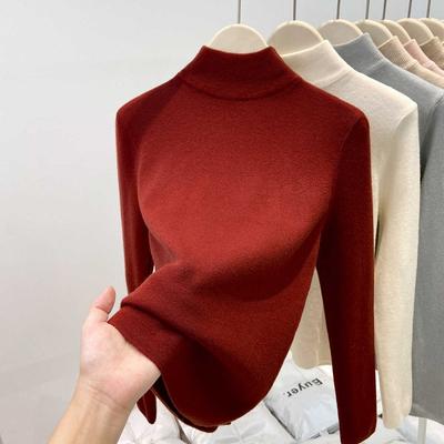 Ангола красная вязаная базовая рубашка женская осенне-зимняя полувысокая горловина облегающий топ мягкий восковой свитер
