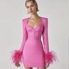 New Feather Long Sleeve European and American Fashion Bandage Evening Dress