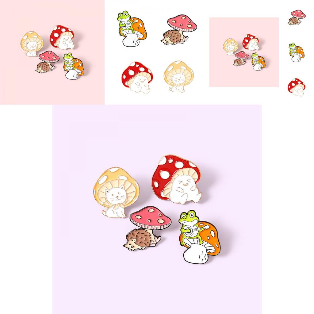 Стильные унисекс мультяшные броши в виде грибов, демонстрирующие восхитительные иконки кошки, ежа и лягушки