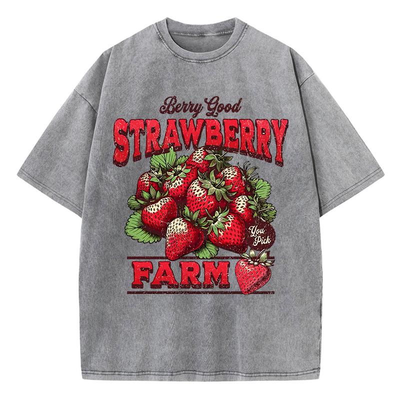 Cotton Womans Acid Wash TShirts Strawberry Farm Retro Prints Tees Comfortable Crewneck Oversized Tops Fashion Female Clothes