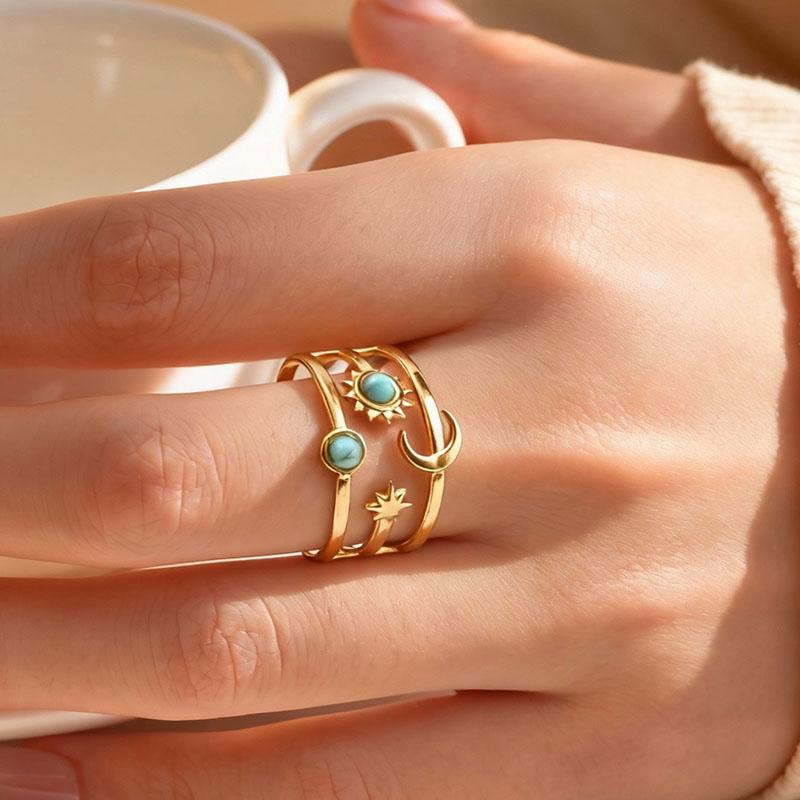 Stainless Steel Star Moon Ring for Women, Waterproof Layered Stackable Open Finger Ring, Boho Celestial Zircon Adjustable