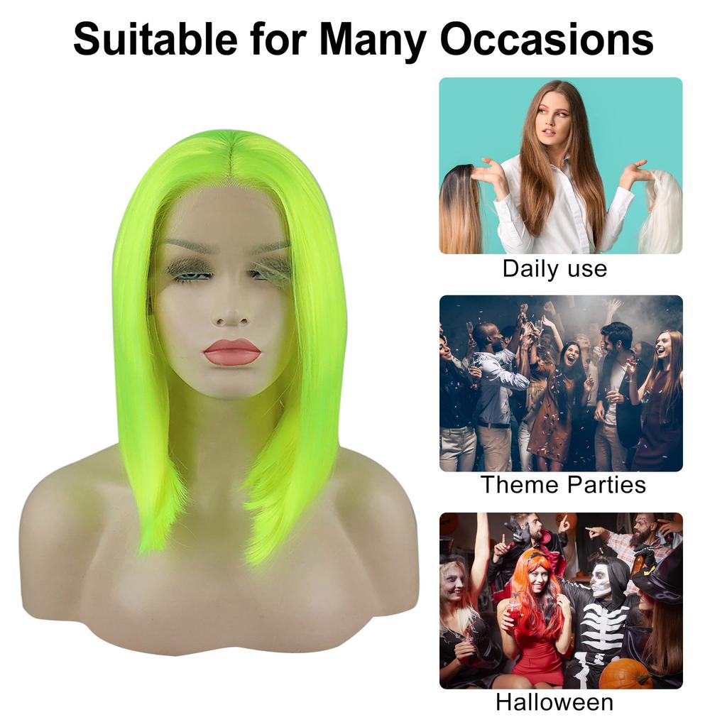 VOCOSTE Heat-Resistant Lace Front Wig, Medium-Long Straight Bob Wig for Girls, 41cm, Fluorescent Green, for Everyday Use