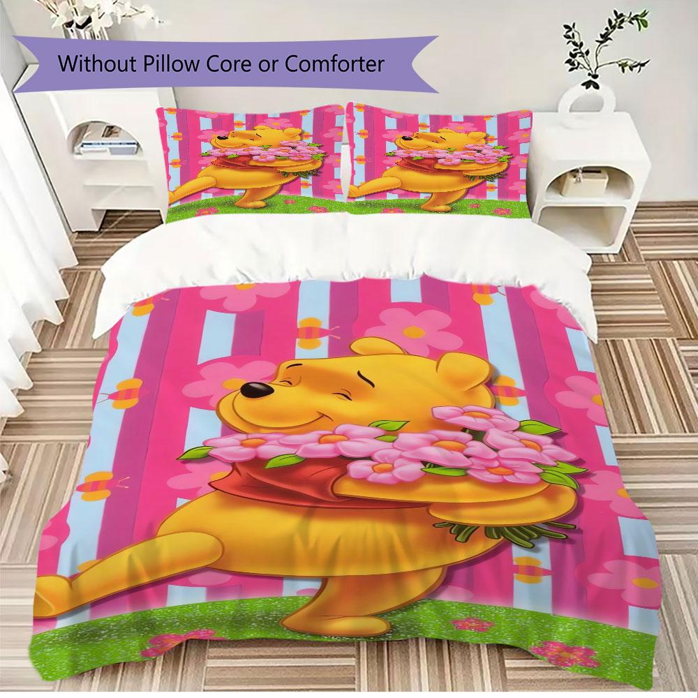 3pcs cartoon duvet cover set (1 duvet cover + 2 pillowcases, duvet insert not included), cute Winnie the Pooh print bedding set.