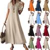 Women's Fashion V-Neck Short Sleeve Solid Color Zipper Casual Vacation Long Dress Cotton Linen Dresses
