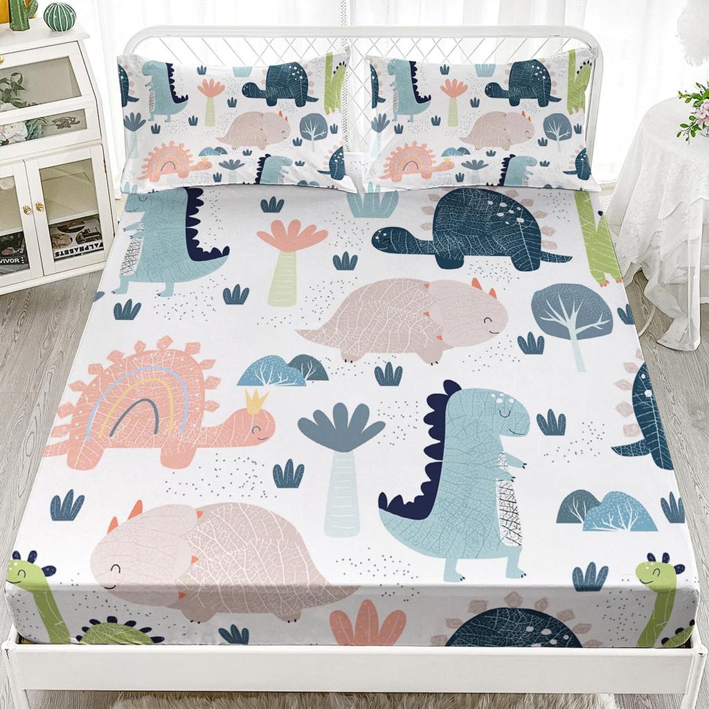 Многоцветный мультяшный узор с динозаврами, шапка на кровать из трех частей, цифровая печать, милый узор, постельный комплект