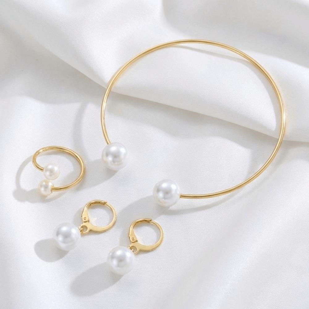 Vintage Style Jewelry Set Elegant Gold Color Jewelry Imitation Pearl Earrings Ring Bangle  Women