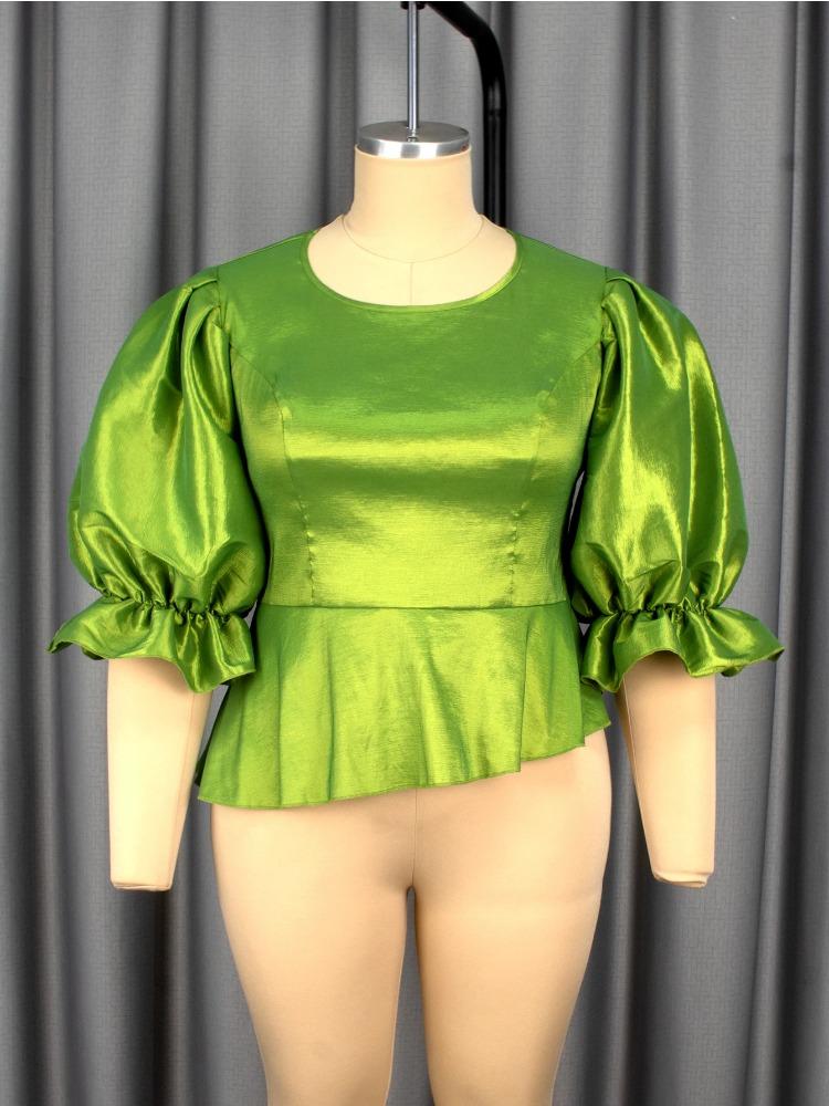 Элегантная женская блузка для вечеринки, рубашка с круглым вырезом, короткими рукавами-буфами, нерегулярным пеплумом, скрывающая живот, облегающие модные топы, женский день рождения, новая