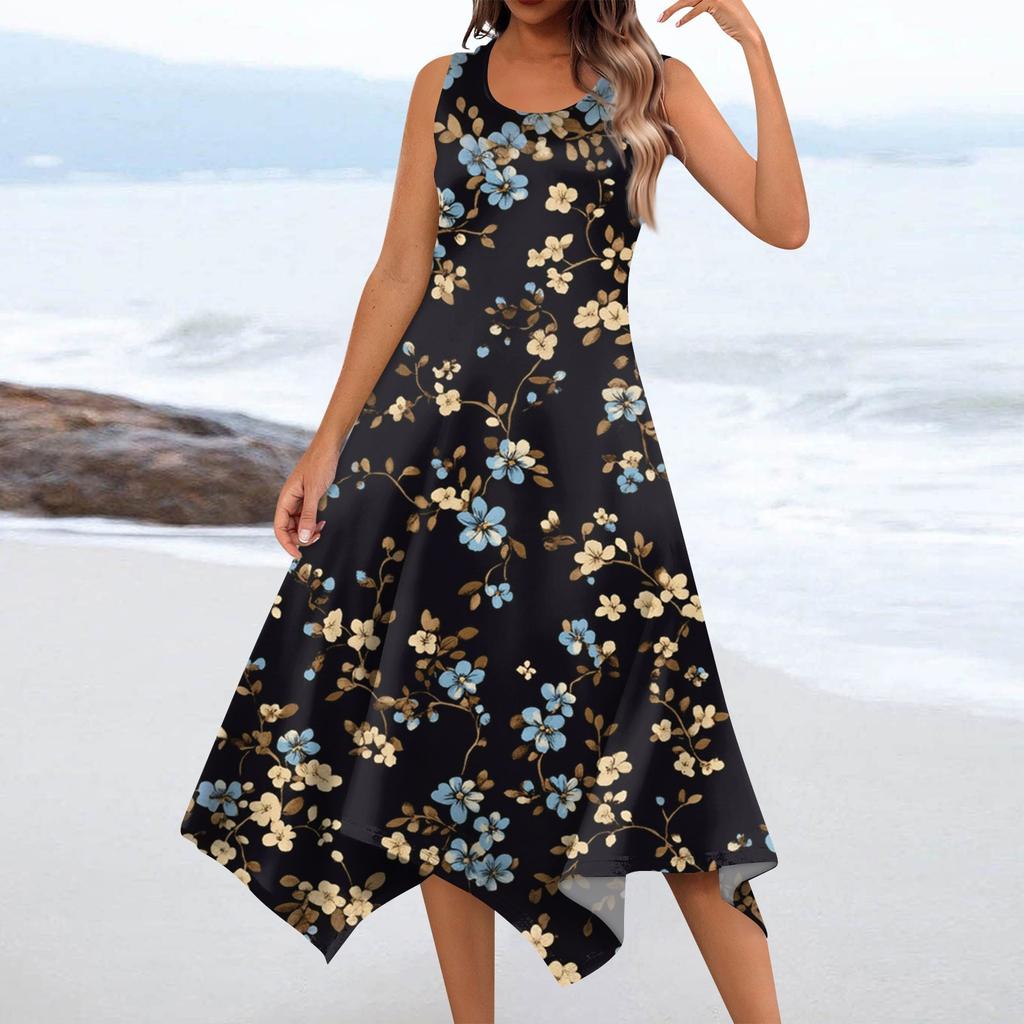 Женское повседневное модное платье миди без рукавов с круглым вырезом и цветочным принтом, нерегулярный подол