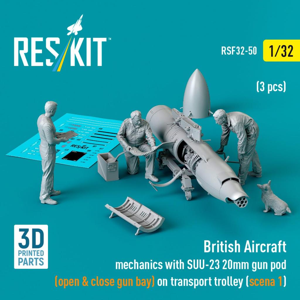 Reskit British Mechanic Gunpod Trolley 3D Printer Resin Kit 1/32 w/SUU-23 & "Type 1" (3 Pieces) RSKF32-0050 (Airplane)
