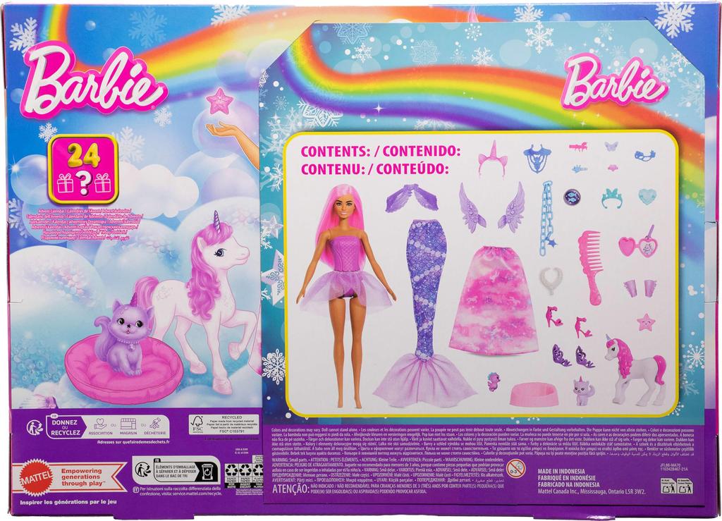 Barbie Advent Calendar Doll 24 Surprise Toy Accessories Including a Unicorn Transform Fashion Doll Into a Fairy and & & Pet, Mermaid, More.