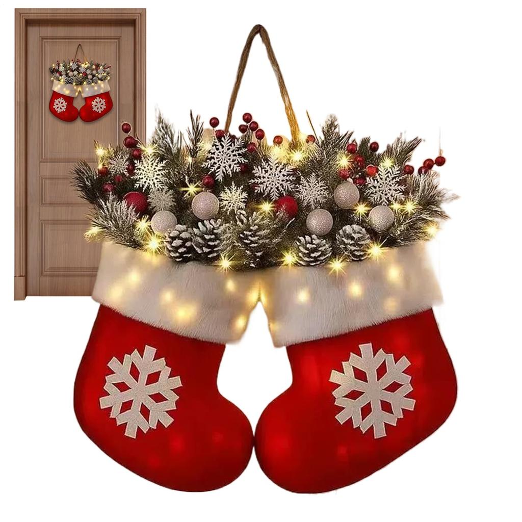Twinkling Christmas Mitten Wreath, Christmas Lighted Werath Front Door Artificial Garland, Christmass Balls Hanging For Par