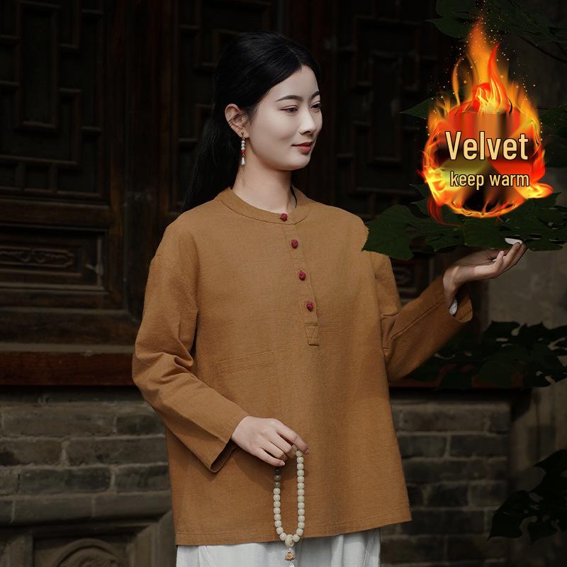Women's Retro Chinese Style Patchwork Top: Cotton Linen with Fleece, Stand Collar, and Frog Button