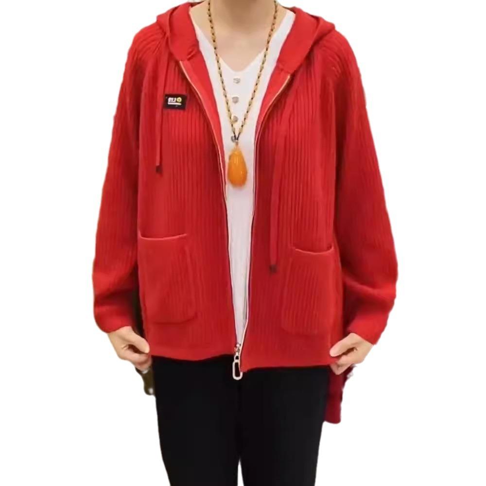 Осенне-зимний вязаный топ с капюшоном на молнии, свитер, кардиган, куртка для женщин среднего и пожилого возраста, для мам