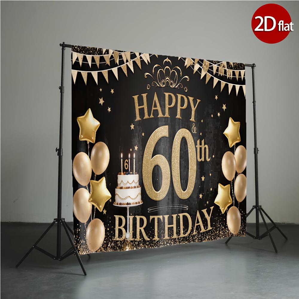 2D flat banner 1 piece 60th birthday party banner featuring golden balloons and number cake design -