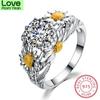 Cute Plant Daisy Ring 925 Sterling Silver Rings For Women White Yellow Topaz Red Ruby Stone Wedding Bands Zircon Engagement Ring