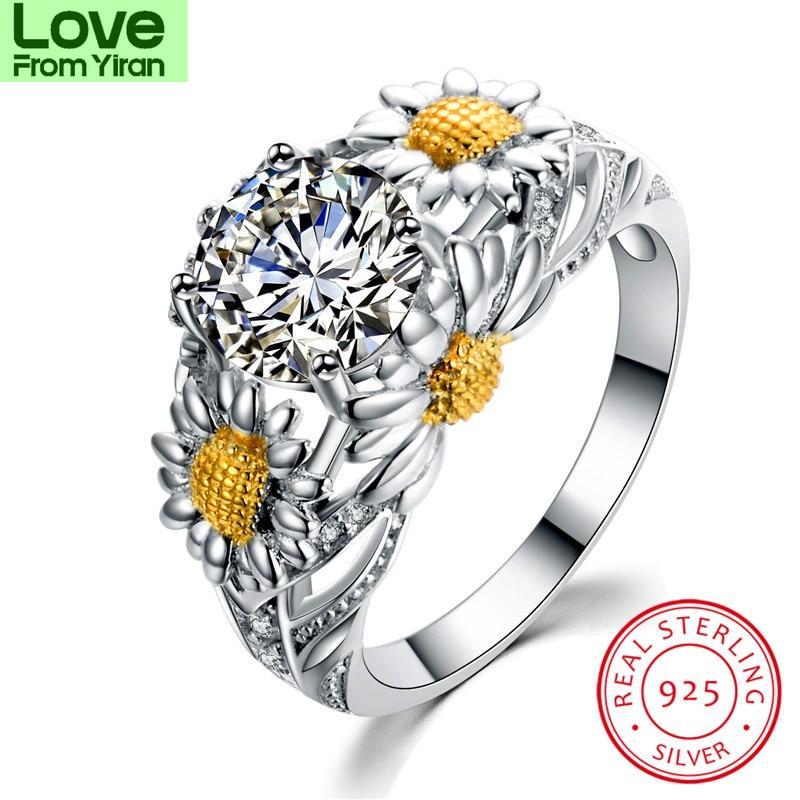 Cute Plant Daisy Ring 925 Sterling Silver Rings For Women White Yellow Topaz Red Ruby Stone Wedding Bands Zircon Engagement Ring
