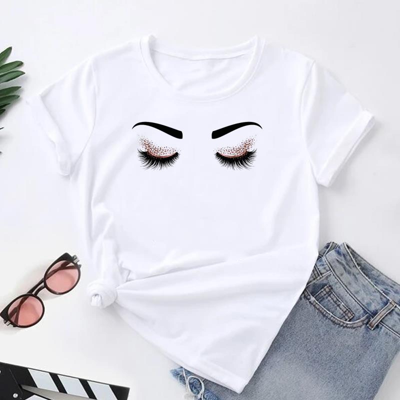 (Asian Size) Women Print Tee Top Fashion Eye Lashes Style Cute Trend 90s T Shirt Woman Female Clothing Short Sleeve Graphic T-shirts