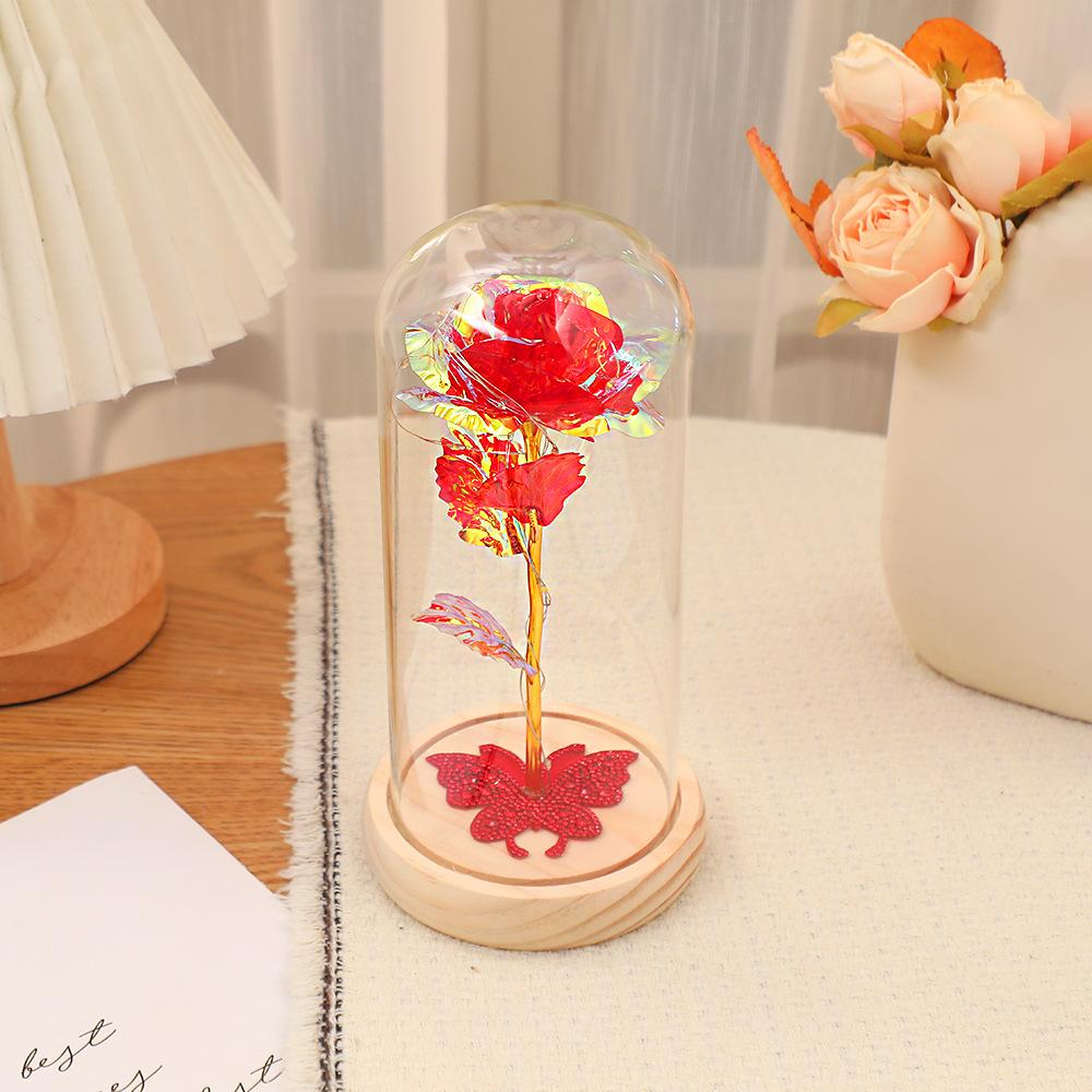 Gold foil flower glass cover with lamp, butterfly rhinestone rose lamp, Mother's Day Valentine's Day gift.