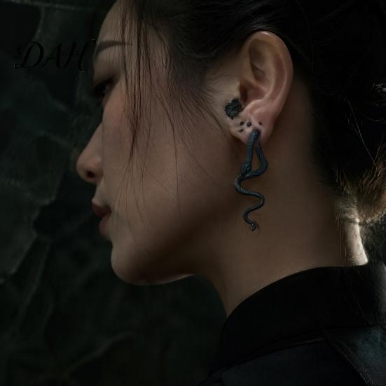 Gold Snake Hoop Earrings 1 Pair Vintage Gothic Earrings, Retro Punk Front Back Ear Accessories Stud Serpent Halloween Animal Statement Jewelry