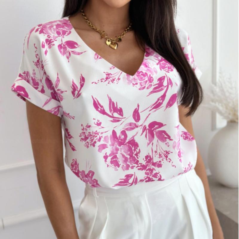 Women's Summer Simple Fashion Printing V-neck Loose Short-sleeved Shirt