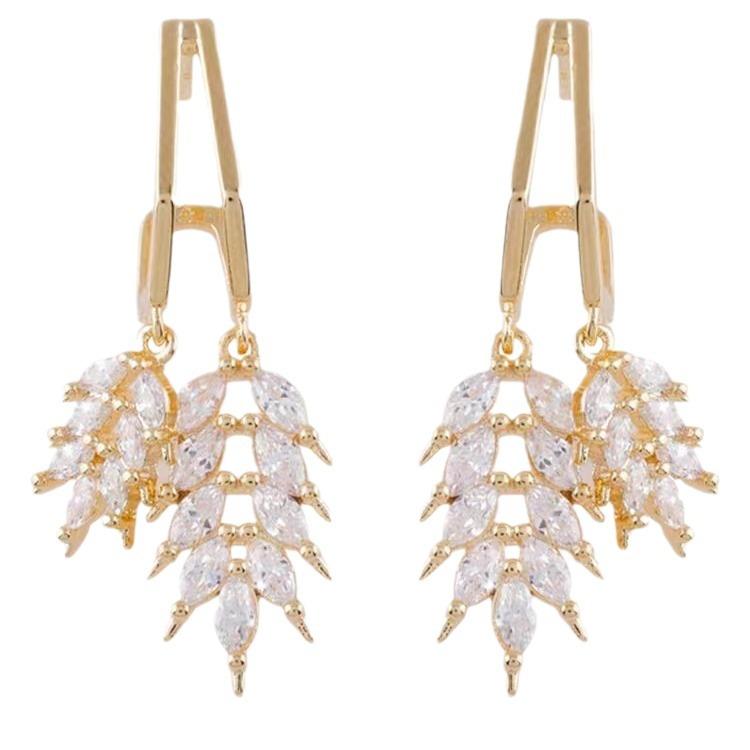S911 silver needle zircon leaf earrings women's Korean fashion ins high-end earrings light luxury tide wheat ear niche