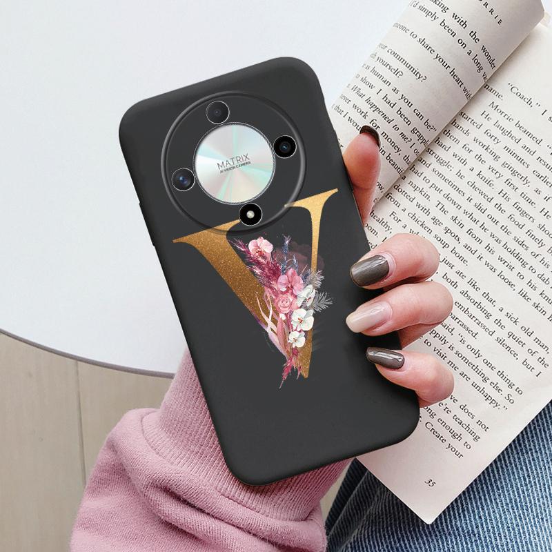 Чехол для телефона с буквой для Honor X9b X9a Magic5 Lite Magic6 Lite 5G Чехол Ретро Цветы Розовый Черный Мягкий ТПУ Силиконовый с инициалами Fundas