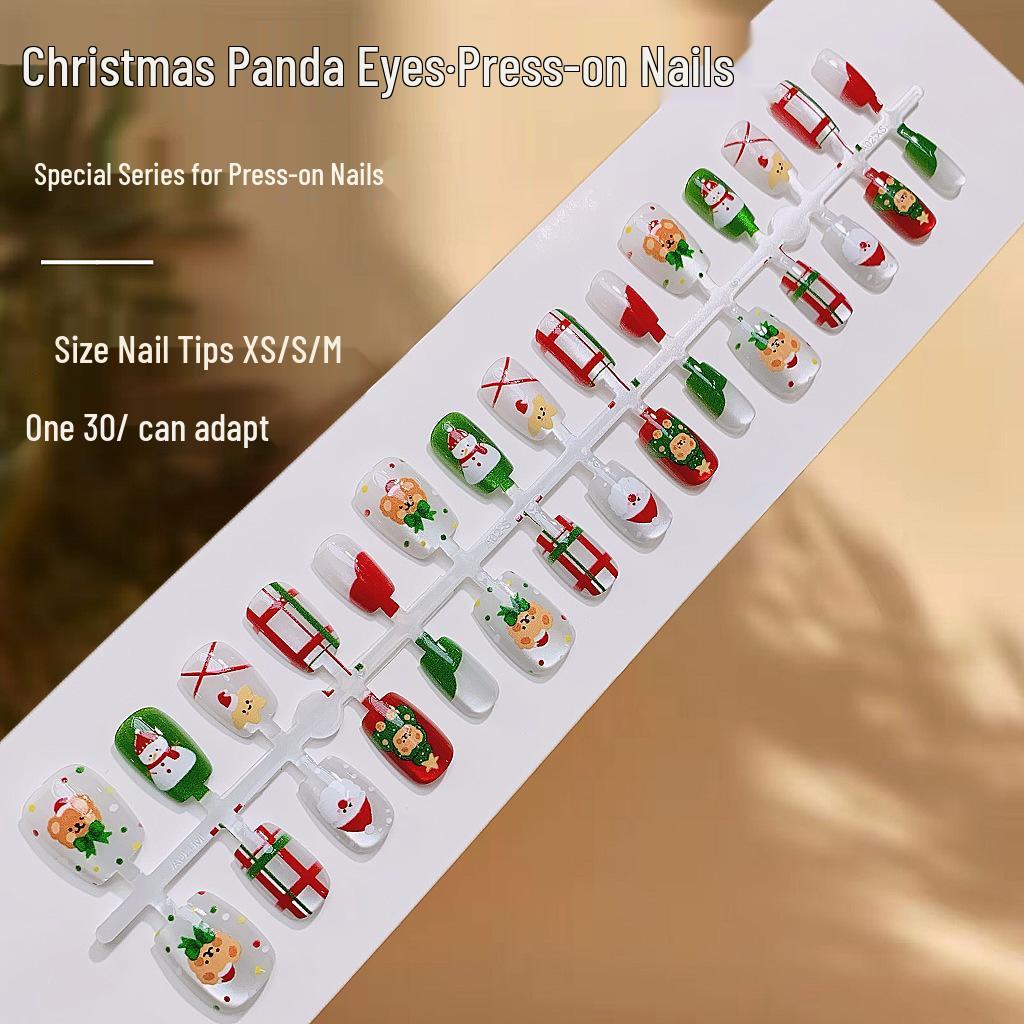 Christmas Panda Eyes Nail Art Press-Ons: Cute Divided Size Whitening False Nails