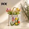 Elegant Ceramic Purse Vase Handbag Shaped Vase, Tulip Flower Embossed Modern Large Tote Bag Home Decor Ornament Storage Box with Jute Rope for
