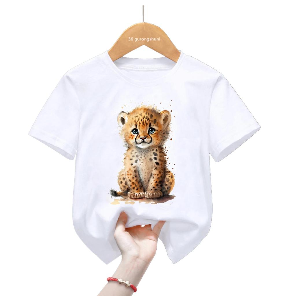 Kids Yellow Short Sleeve T Shirt Watercolor Floral Baby Tiger Cub Print Crew Neck Casual Summer Boys Girls Top