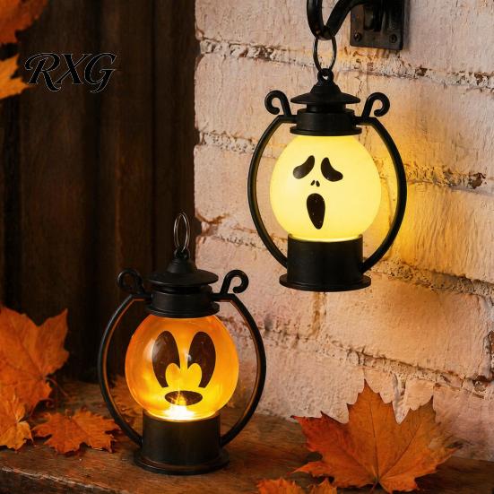 Safe Flameless Candle Halloween Ghost Face Night Light, Portable Retro LED Lamp with Hanging Indoor Outdoor Lighting Ring, Battery Operated
