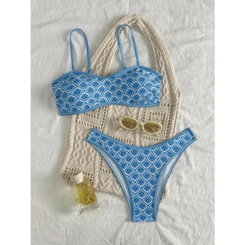 Сексуальный купальник бандо 2025 женский зеленый с цветочным принтом плиссированный пуш-ап с подкладкой стринги летний купальный костюм из двух частей купальник бикини