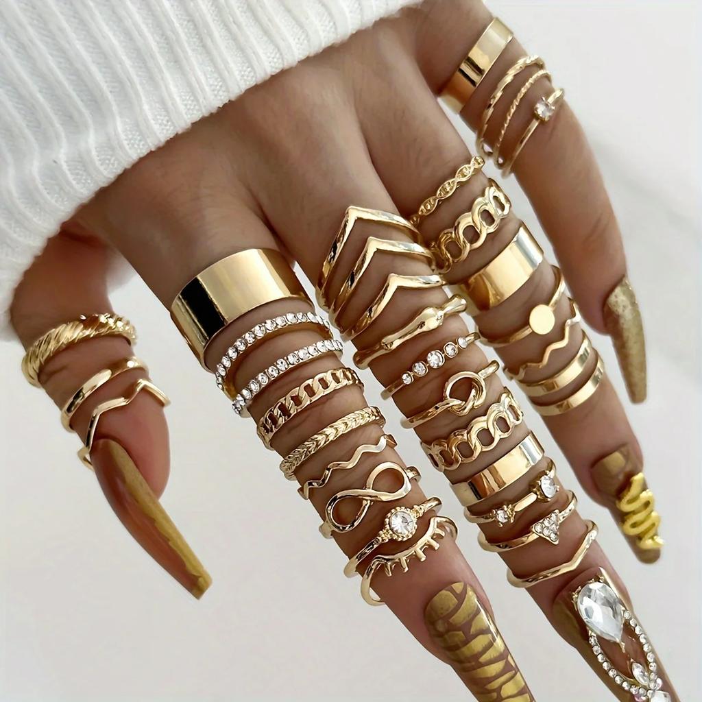 30pcs Elegant Boho Gold Color Rings Set Vintage Design Rhinestone Geometric Finger Ring Trendy Minimalist Jewelry Gifts 2026