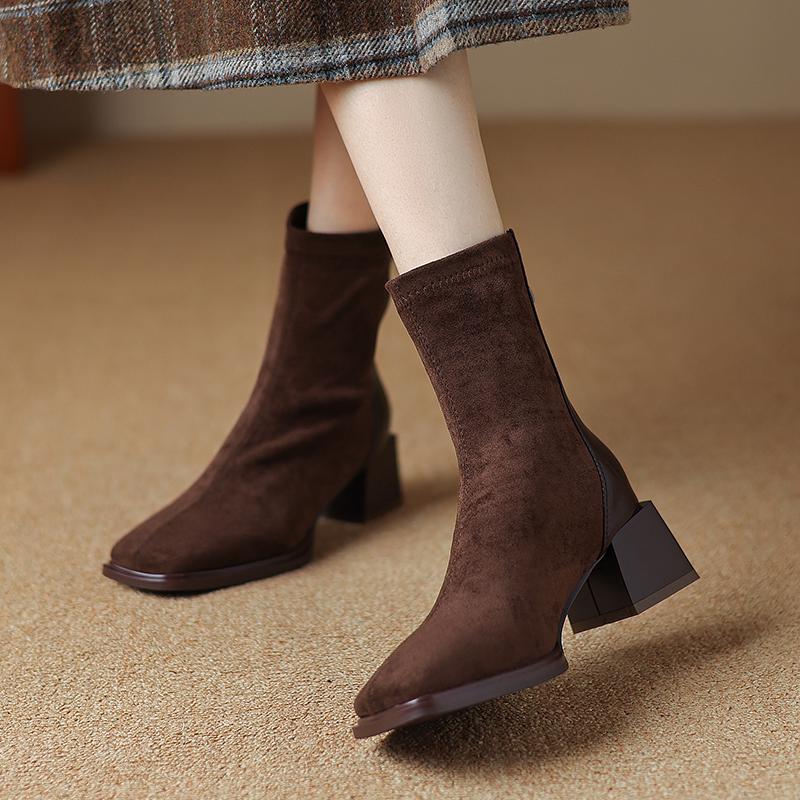 Krazing Pot Осенне-зимняя обувь из флока Ботинки Челси с квадратным носком, сохраняющие тепло, на молнии, эластичные ботильоны