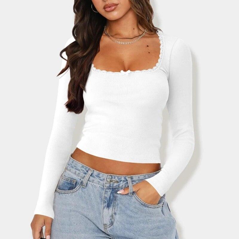 Casual Y2K Lace Square Collar Sexy Knitted T-shirt Women Bottoming Long Sleeve Tshirt Woman Slim Fit Soild Lady Tees Tops 30600
