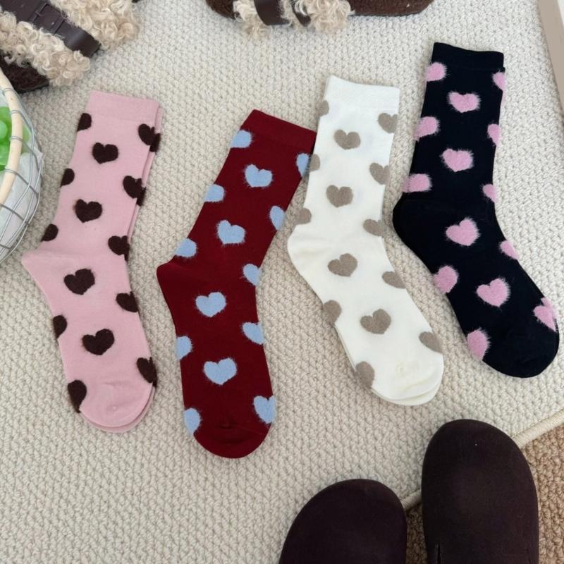 4 Pairs Breathable Women's Ankle Socks Flocking Heart Pattern Stretchy Fit Nylon Fabric Crew Socks for Work and Leisure
