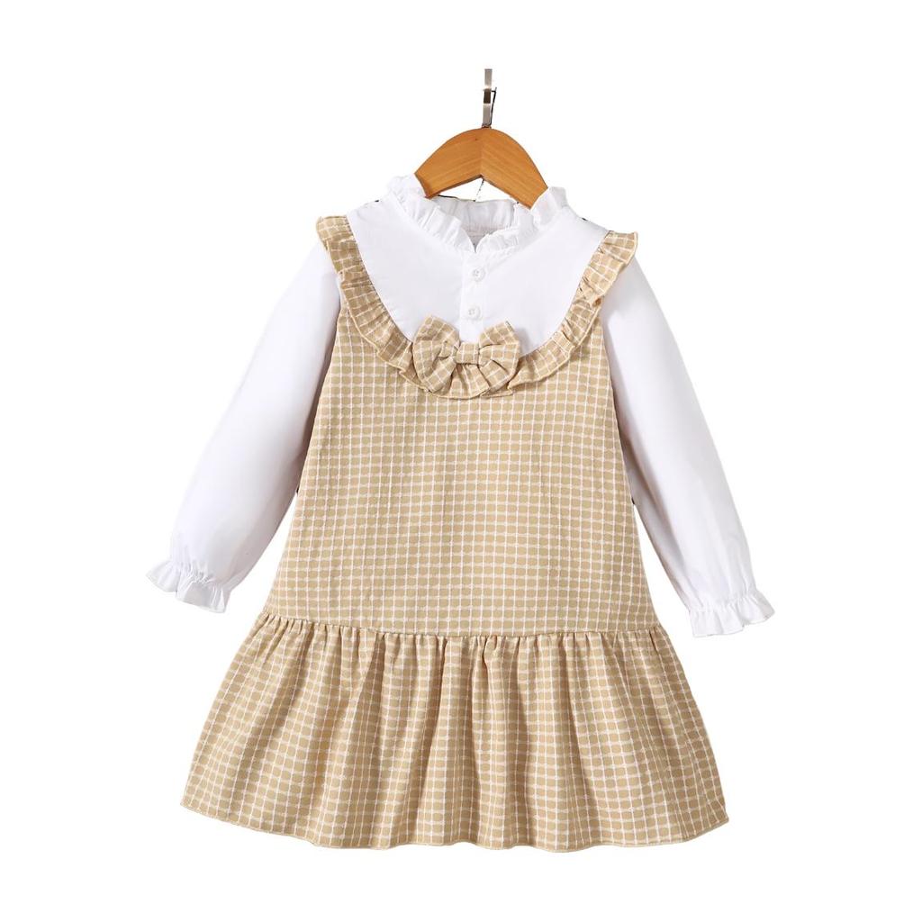 2Pcs Kids Girls Clothes Dress Outfit Ruffle Blouse + Plaid Bow Suspender Autumn Dress Set for 1-5 Years Children's Clothes Set