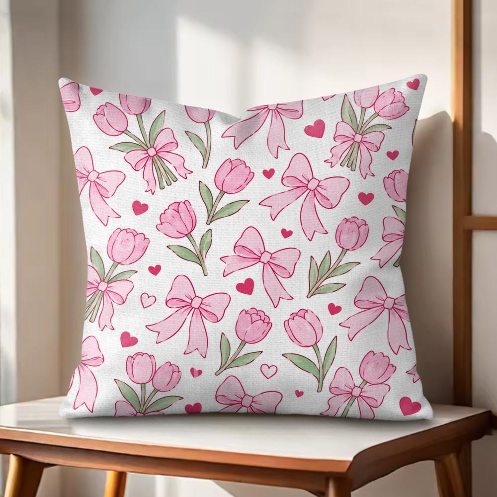 Pink Bow Cute Element Eco Linen Cushion Cover DoubleSided Print Breathable Pillow Case Hidden Zipper Home Decor Gift