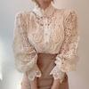 Women Chiffon Button Turtleneck Shirt Chic Elegant Floral Lace Fluffy Long Sleeve Top Fashion Hollow Oversize White Blouse