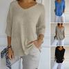 Женские вязаные топы с v-образным вырезом и рукавами 3/4, повседневный свитер, однотонный свободный крой, вязаные нижние топы средней длины