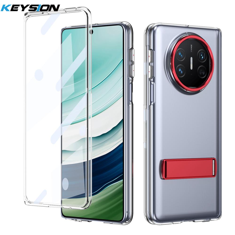 KEYSION Прозрачный чехол для Huawei Mate X6 X5 X3 Жесткий ПК Металлический Подставка Противоударный Чехол для телефона со стеклянным защитным экраном