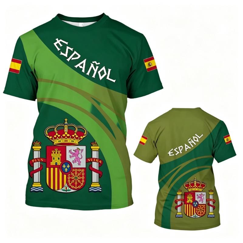 Spanish Themed Fan Short Sleeved Shirt, Retro National Emblem and Shield Full Screen Print, Unisex Breathable Sports T-Shirt
