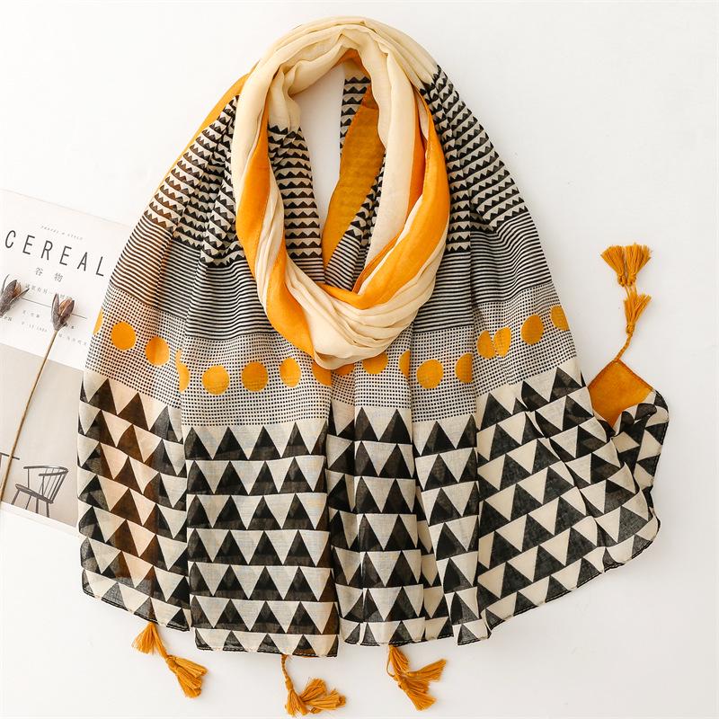 Синий шелковый шарф в стиле бохо с банановыми листьями - солнцезащитная шаль с кисточками