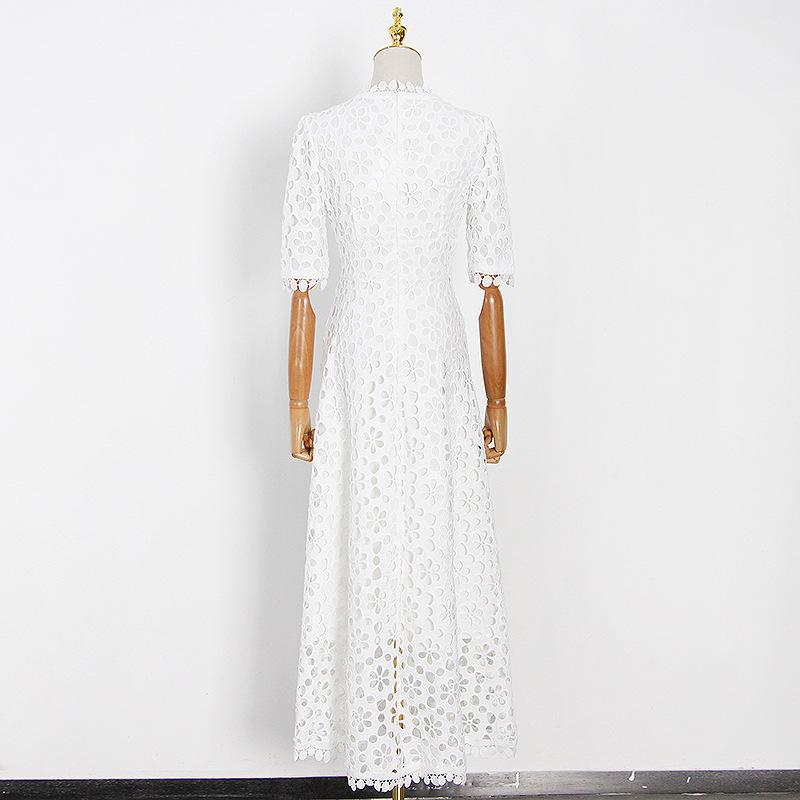 Temperament Long Women's Summer V-neck Waist Crochet Hollow French Solid Colour Swing Dress