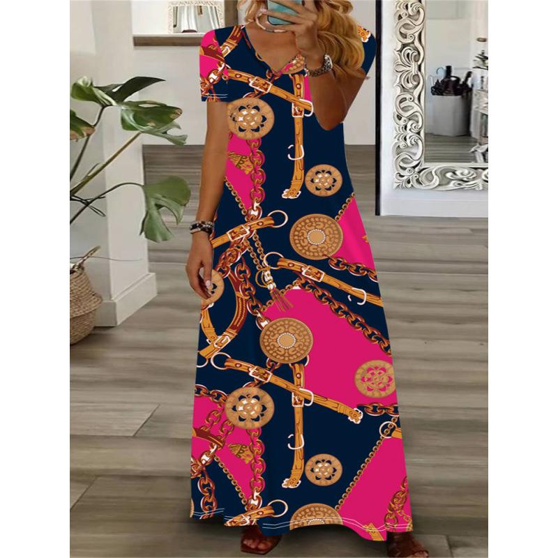 Женское летнее макси-платье с V-образным вырезом, короткими рукавами и длинным подолом, повседневное платье в этническом стиле с принтом в стиле бохо