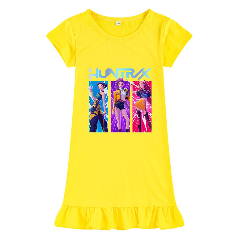 M1221 Kids Girls Kpop Rumi Zoey Mira Print Short Sleeves Ruffle Dress